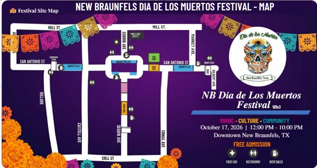 New Braunfels Dia de Los Muertos Festival site map with a festive purple background and papel picado bunting, showing the Downtown New Braunfels street layout along Mill St, Seguin Ave, Market Ave, San Antonio St, Castell Ave, Comal Ave, and Coll St, with the Americana Stage, Main Stage, Marketplace, Kids Zone, First Aid, Restrooms, and Beer Sales areas marked, plus event details for October 17, 2026